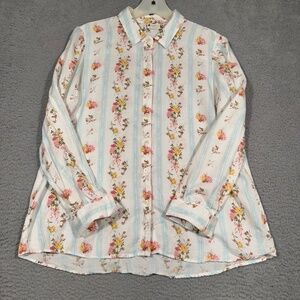 Spartina Womens XL White Blue Floral Striped Button Up Shirt Relaxed Linen Blend